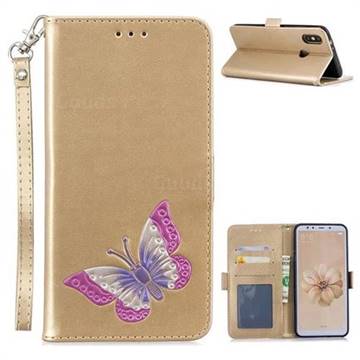 Imprint Embossing Butterfly Leather Wallet Case for Xiaomi Mi A2 (Mi 6X) - Golden