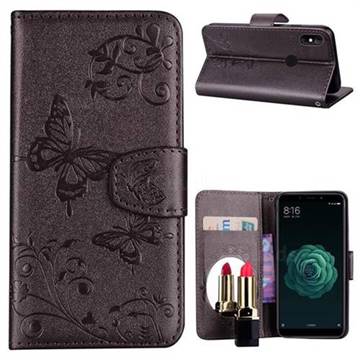 Embossing Butterfly Morning Glory Mirror Leather Wallet Case for Xiaomi Mi A2 (Mi 6X) - Silver Gray