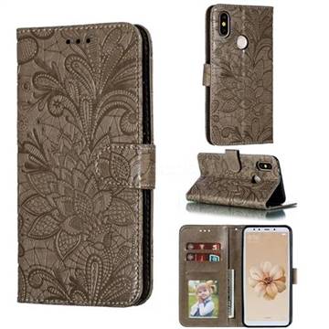 Intricate Embossing Lace Jasmine Flower Leather Wallet Case for Xiaomi Mi A2 (Mi 6X) - Gray