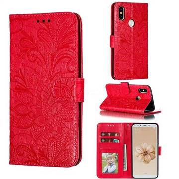 Intricate Embossing Lace Jasmine Flower Leather Wallet Case for Xiaomi Mi A2 (Mi 6X) - Red