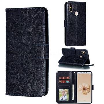 Intricate Embossing Lace Jasmine Flower Leather Wallet Case for Xiaomi Mi A2 (Mi 6X) - Dark Blue