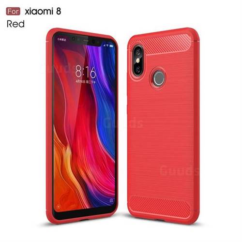 Luxury Carbon Fiber Brushed Wire Drawing Silicone TPU Back Cover for Xiaomi Mi 8 - Red