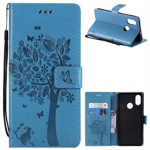 Embossing Butterfly Tree Leather Wallet Case for Xiaomi Mi 8 - Blue