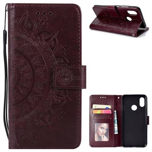 Intricate Embossing Datura Leather Wallet Case for Xiaomi Mi 8 - Brown