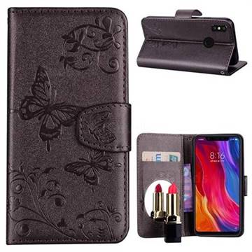 Embossing Butterfly Morning Glory Mirror Leather Wallet Case for Xiaomi Mi 8 - Silver Gray