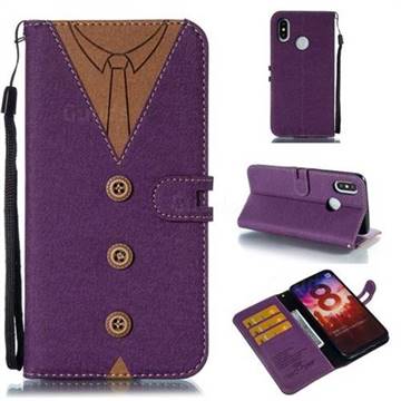Mens Button Clothing Style Leather Wallet Phone Case for Xiaomi Mi 8 - Purple