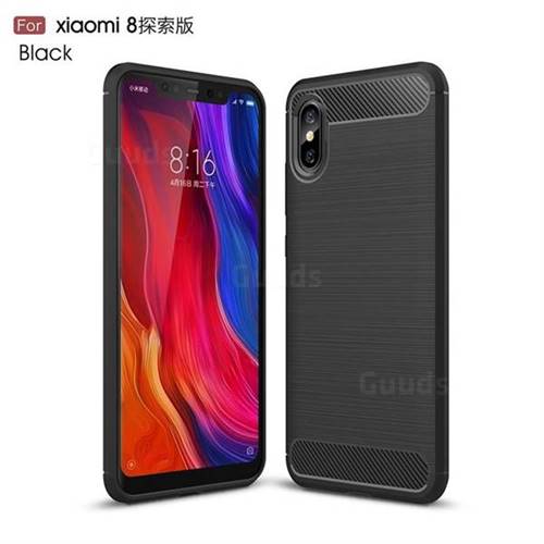Luxury Carbon Fiber Brushed Wire Drawing Silicone TPU Back Cover for Xiaomi Mi 8 Explorer - Black
