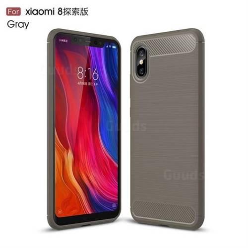 Luxury Carbon Fiber Brushed Wire Drawing Silicone TPU Back Cover for Xiaomi Mi 8 Explorer - Gray