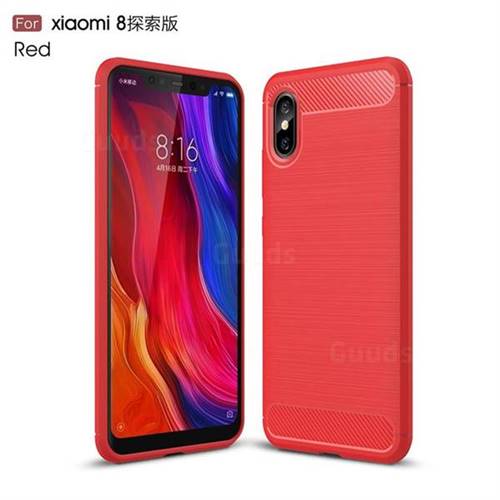 Luxury Carbon Fiber Brushed Wire Drawing Silicone TPU Back Cover for Xiaomi Mi 8 Explorer - Red