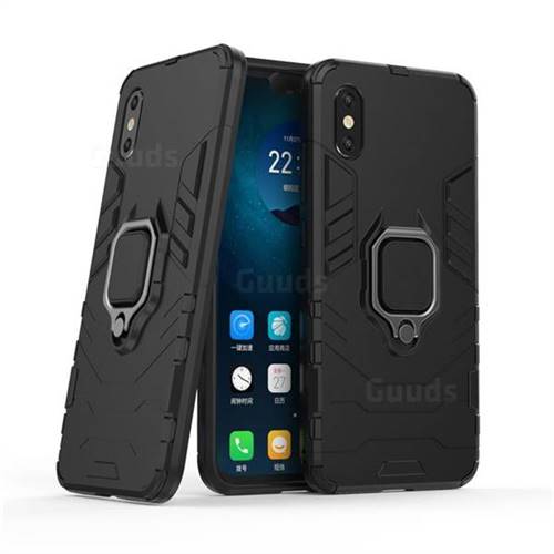Black Panther Armor Metal Ring Grip Shockproof Dual Layer Rugged Hard Cover for Xiaomi Mi 8 Explorer - Black