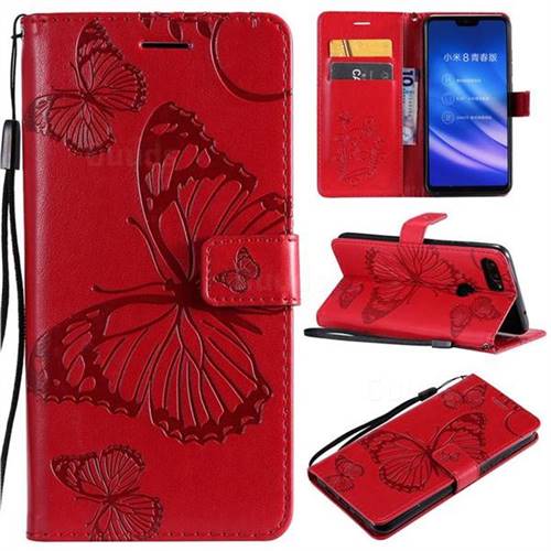 Embossing 3D Butterfly Leather Wallet Case for Xiaomi Mi 8 Lite / Mi 8 Youth / Mi 8X - Red