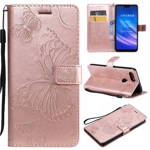Embossing 3D Butterfly Leather Wallet Case for Xiaomi Mi 8 Lite / Mi 8 Youth / Mi 8X - Rose Gold