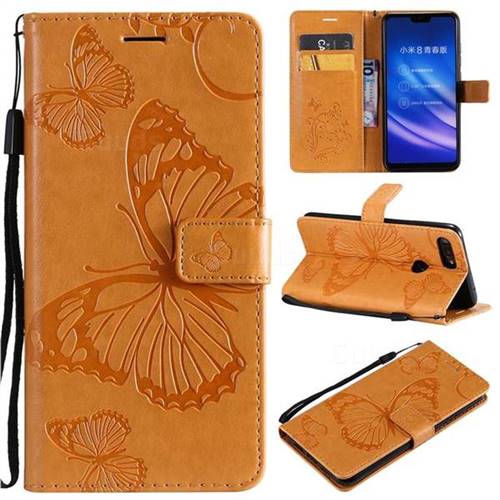 Embossing 3D Butterfly Leather Wallet Case for Xiaomi Mi 8 Lite / Mi 8 Youth / Mi 8X - Yellow