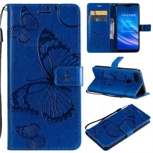Embossing 3D Butterfly Leather Wallet Case for Xiaomi Mi 8 Lite / Mi 8 Youth / Mi 8X - Blue