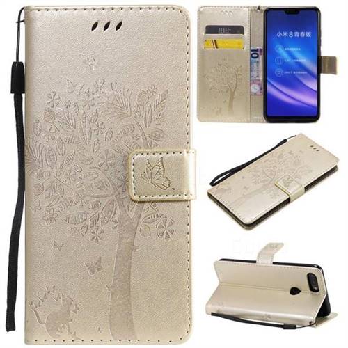 Embossing Butterfly Tree Leather Wallet Case for Xiaomi Mi 8 Lite / Mi 8 Youth / Mi 8X - Champagne