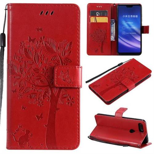 Embossing Butterfly Tree Leather Wallet Case for Xiaomi Mi 8 Lite / Mi 8 Youth / Mi 8X - Red
