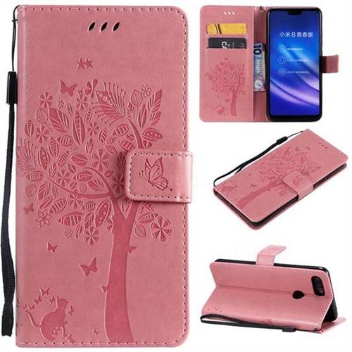 Embossing Butterfly Tree Leather Wallet Case for Xiaomi Mi 8 Lite / Mi 8 Youth / Mi 8X - Pink