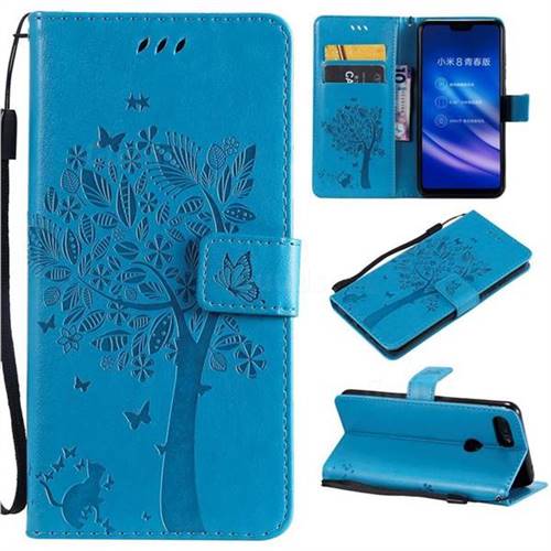 Embossing Butterfly Tree Leather Wallet Case for Xiaomi Mi 8 Lite / Mi 8 Youth / Mi 8X - Blue