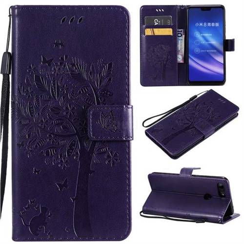 Embossing Butterfly Tree Leather Wallet Case for Xiaomi Mi 8 Lite / Mi 8 Youth / Mi 8X - Purple