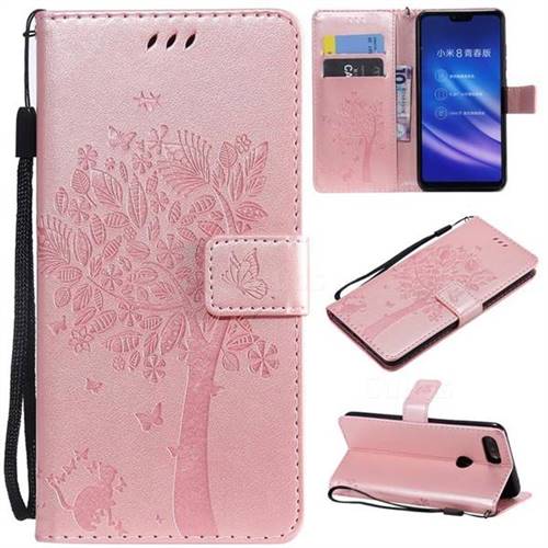 Embossing Butterfly Tree Leather Wallet Case for Xiaomi Mi 8 Lite / Mi 8 Youth / Mi 8X - Rose Pink
