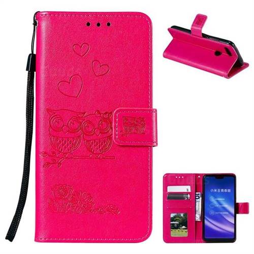 Embossing Owl Couple Flower Leather Wallet Case for Xiaomi Mi 8 Lite / Mi 8 Youth / Mi 8X - Red
