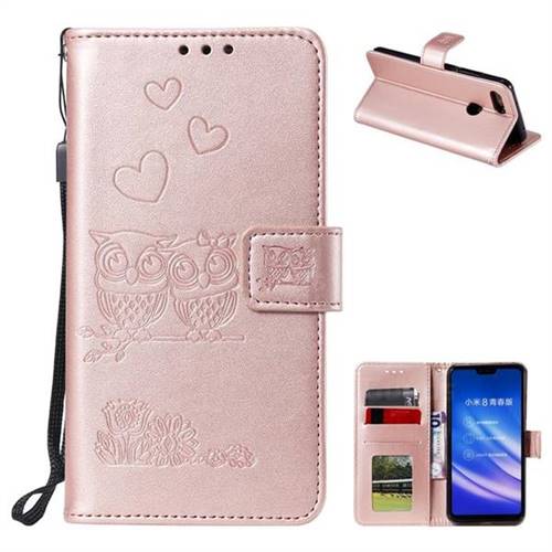 Embossing Owl Couple Flower Leather Wallet Case for Xiaomi Mi 8 Lite / Mi 8 Youth / Mi 8X - Rose Gold