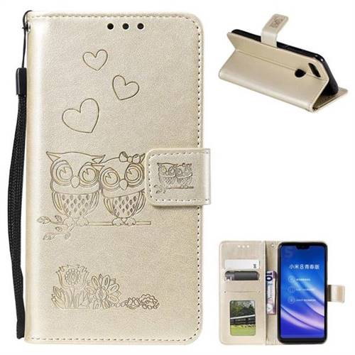 Embossing Owl Couple Flower Leather Wallet Case for Xiaomi Mi 8 Lite / Mi 8 Youth / Mi 8X - Golden