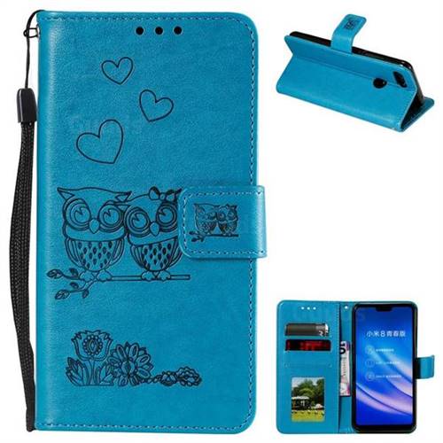 Embossing Owl Couple Flower Leather Wallet Case for Xiaomi Mi 8 Lite / Mi 8 Youth / Mi 8X - Blue