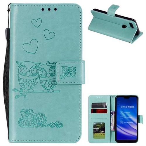 Embossing Owl Couple Flower Leather Wallet Case for Xiaomi Mi 8 Lite / Mi 8 Youth / Mi 8X - Green