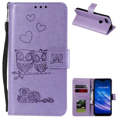 Embossing Owl Couple Flower Leather Wallet Case for Xiaomi Mi 8 Lite / Mi 8 Youth / Mi 8X - Purple