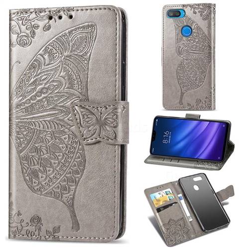 Embossing Mandala Flower Butterfly Leather Wallet Case for Xiaomi Mi 8 Lite / Mi 8 Youth / Mi 8X - Gray