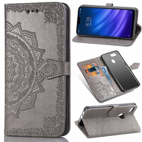 Embossing Imprint Mandala Flower Leather Wallet Case for Xiaomi Mi 8 Lite / Mi 8 Youth / Mi 8X - Gray