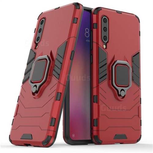 Black Panther Armor Metal Ring Grip Shockproof Dual Layer Rugged Hard Cover for Xiaomi Mi 9 - Red