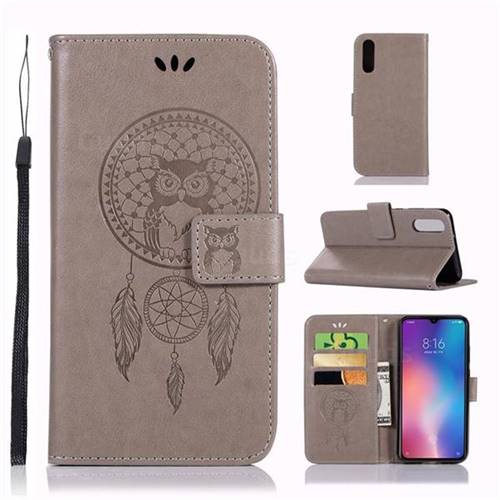 Intricate Embossing Owl Campanula Leather Wallet Case for Xiaomi Mi 9 - Grey