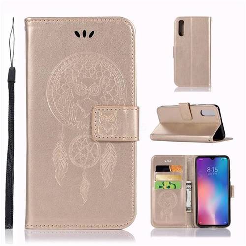 Intricate Embossing Owl Campanula Leather Wallet Case for Xiaomi Mi 9 - Champagne