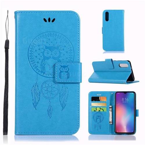 Intricate Embossing Owl Campanula Leather Wallet Case for Xiaomi Mi 9 - Blue