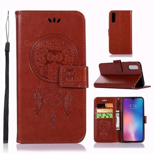 Intricate Embossing Owl Campanula Leather Wallet Case for Xiaomi Mi 9 - Brown