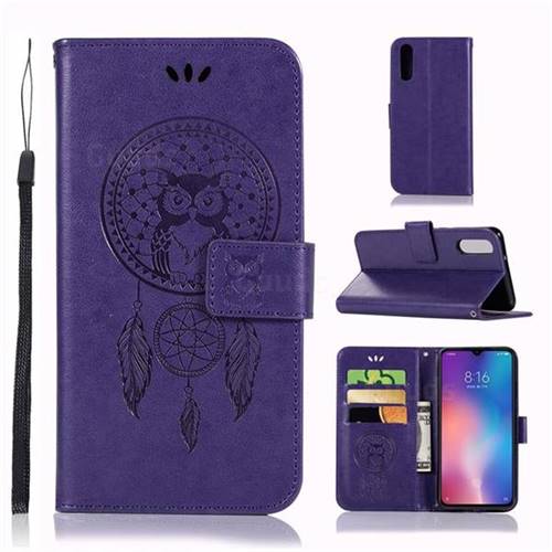 Intricate Embossing Owl Campanula Leather Wallet Case for Xiaomi Mi 9 - Purple