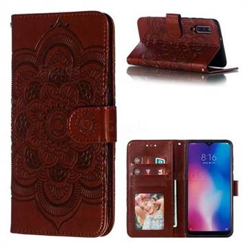 Intricate Embossing Datura Solar Leather Wallet Case for Xiaomi Mi 9 - Brown