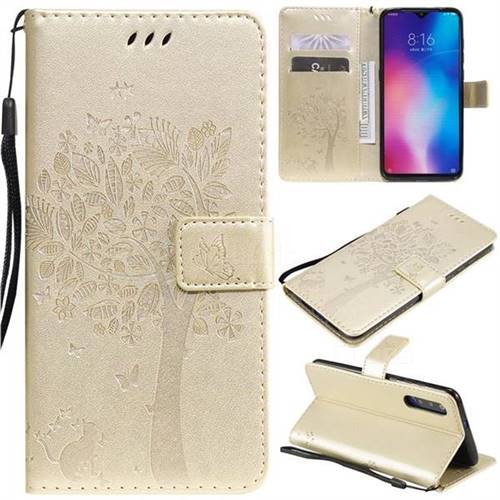 Embossing Butterfly Tree Leather Wallet Case for Xiaomi Mi 9 - Champagne