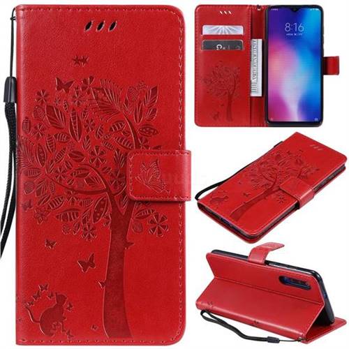 Embossing Butterfly Tree Leather Wallet Case for Xiaomi Mi 9 - Red