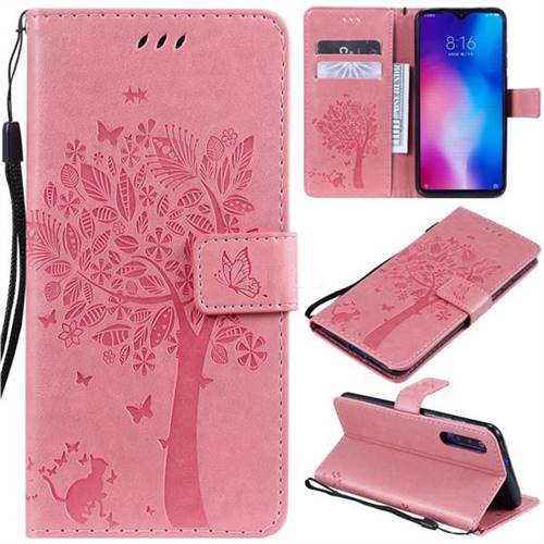 Embossing Butterfly Tree Leather Wallet Case for Xiaomi Mi 9 - Pink