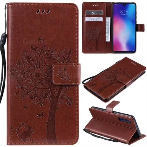 Embossing Butterfly Tree Leather Wallet Case for Xiaomi Mi 9 - Coffee