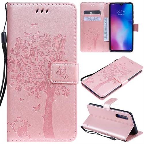 Embossing Butterfly Tree Leather Wallet Case for Xiaomi Mi 9 - Rose Pink