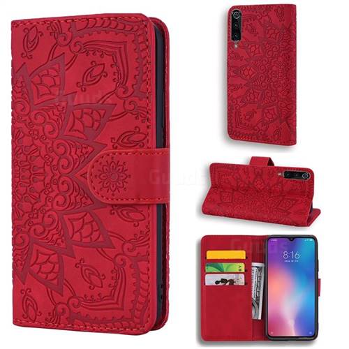 Retro Embossing Mandala Flower Leather Wallet Case for Xiaomi Mi 9 - Red