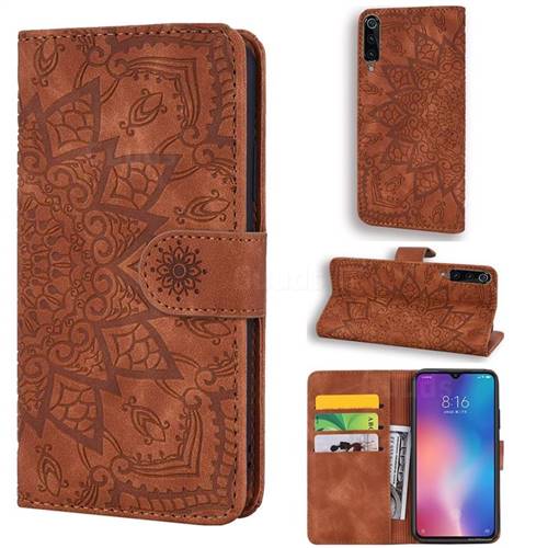 Retro Embossing Mandala Flower Leather Wallet Case for Xiaomi Mi 9 - Brown