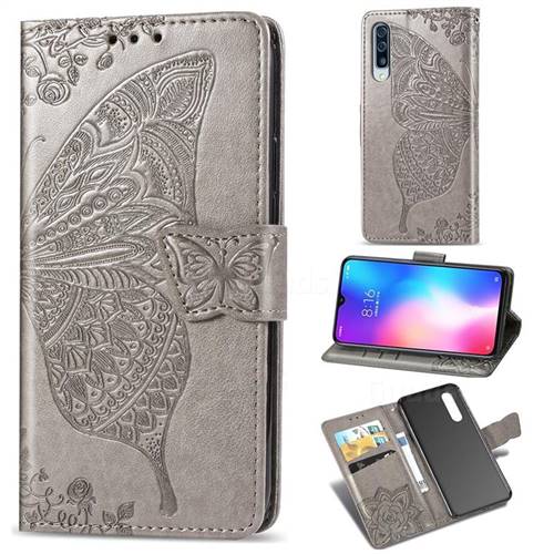 Embossing Mandala Flower Butterfly Leather Wallet Case for Xiaomi Mi 9 - Gray