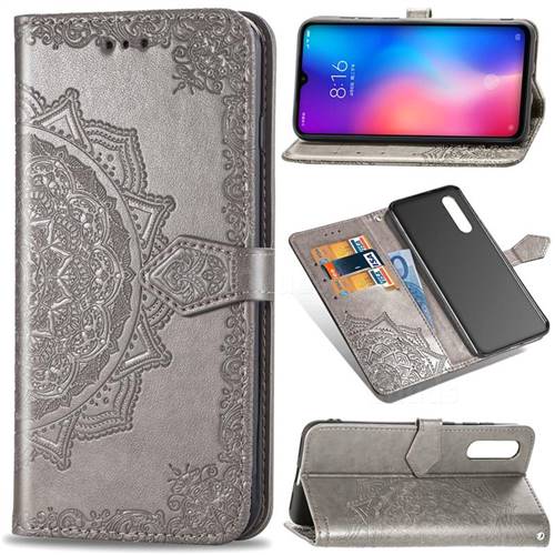 Embossing Imprint Mandala Flower Leather Wallet Case for Xiaomi Mi 9 - Gray
