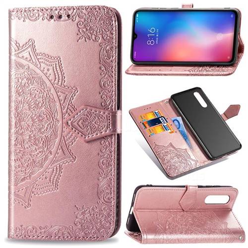 Embossing Imprint Mandala Flower Leather Wallet Case for Xiaomi Mi 9 - Rose Gold