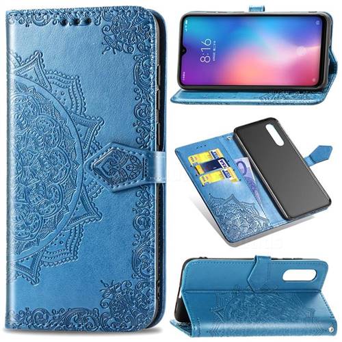 Embossing Imprint Mandala Flower Leather Wallet Case for Xiaomi Mi 9 - Blue